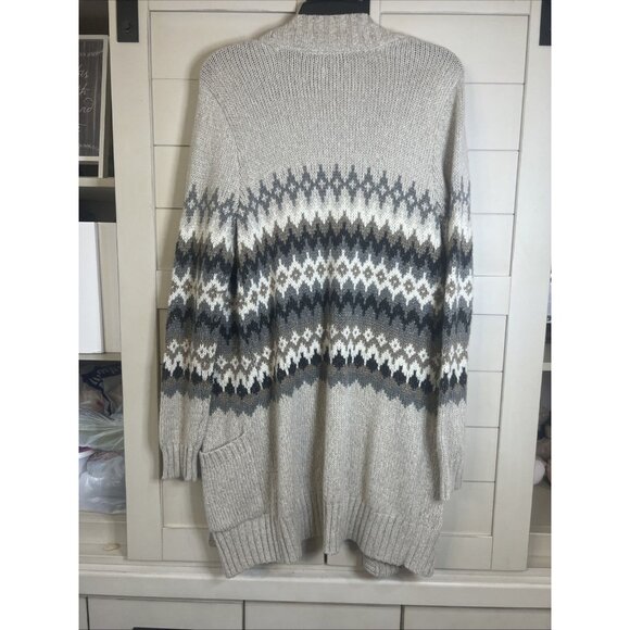 Cozy Sonoma Open Front Long Cardigan Sweater Beige Nordic Argyle Pockets M - Picture 6 of 6